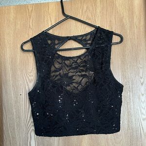 Two piece dress with black top and floral skirt